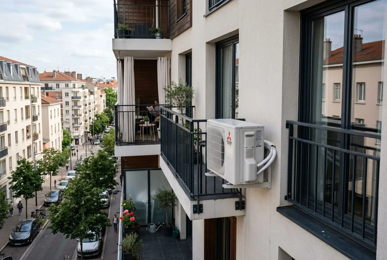 Climatisation murale extérieure installée sur le balcon d’un immeuble en copropriété, vue sur rue et autres balcons.