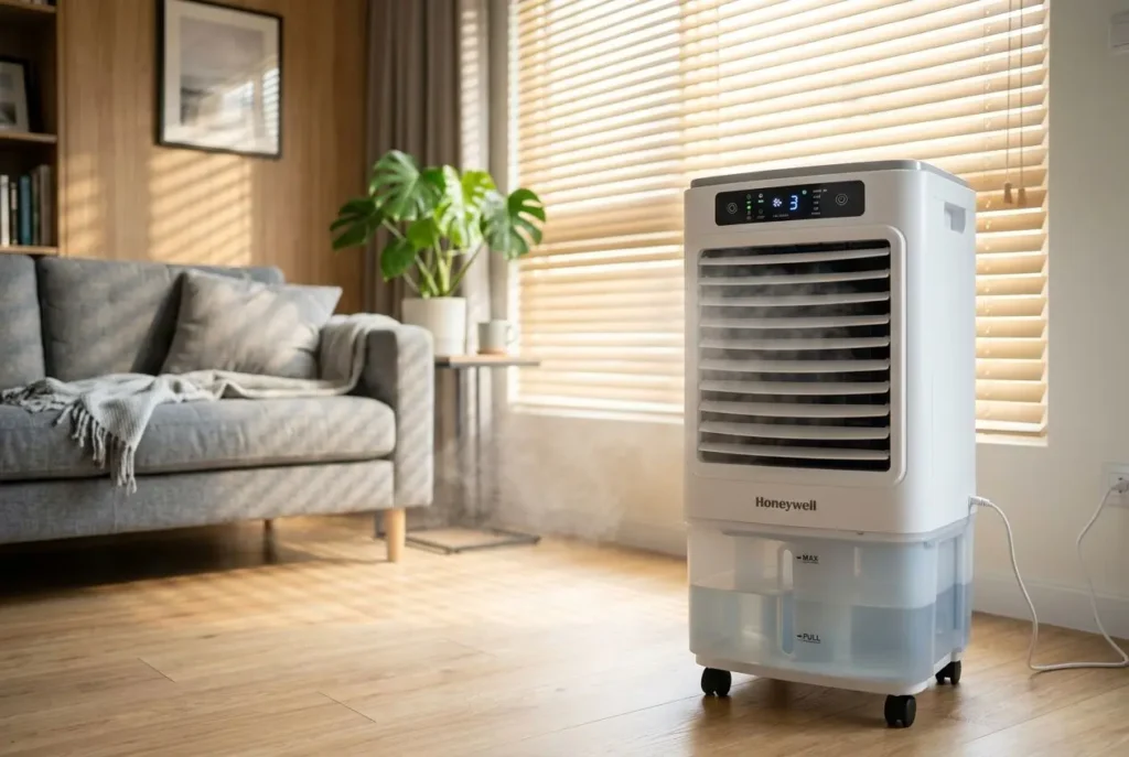 Climatiseur mobile sans évacuation sur roulettes dans le salon, près d’un canapé et d’une plante, avec lumière naturelle par les volets.