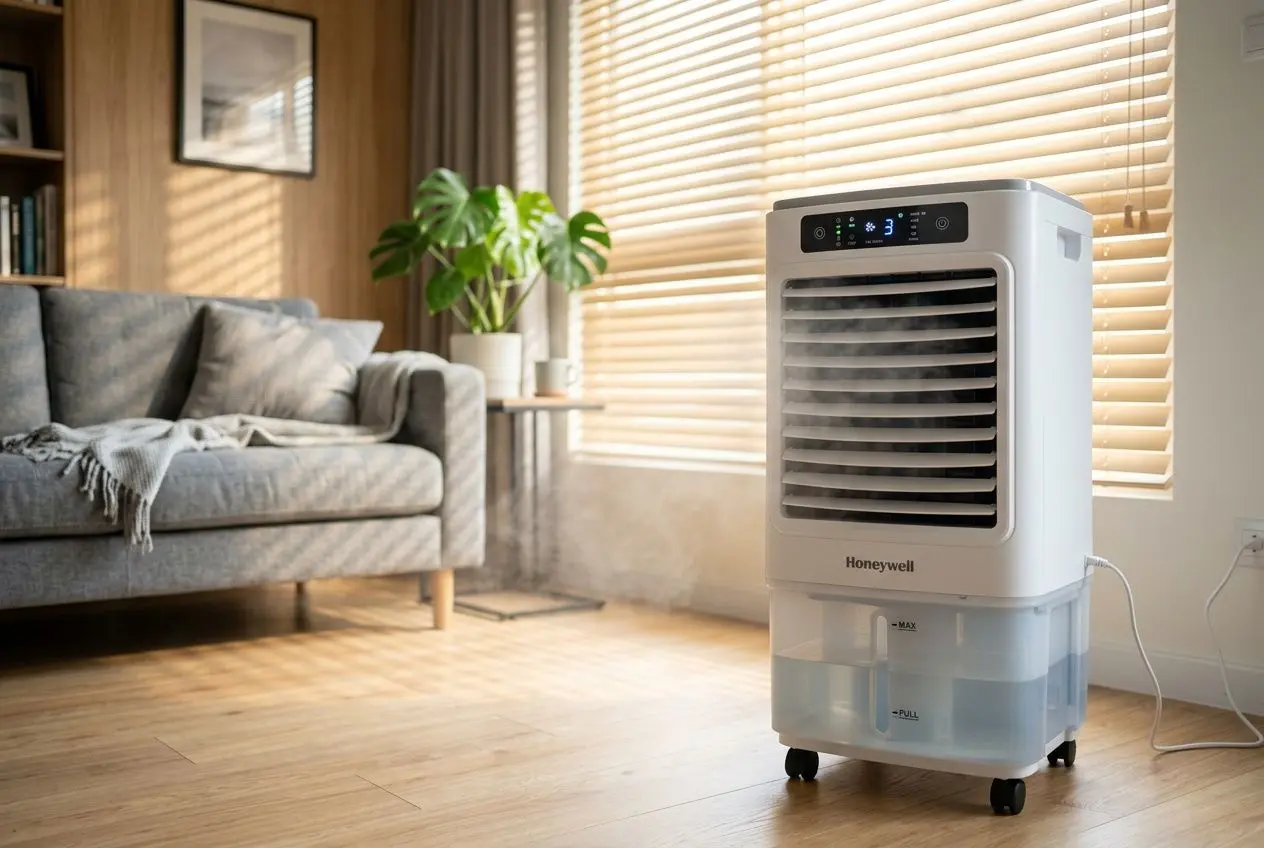 Climatiseur mobile sans évacuation sur roulettes dans le salon, près d’un canapé et d’une plante, avec lumière naturelle par les volets.