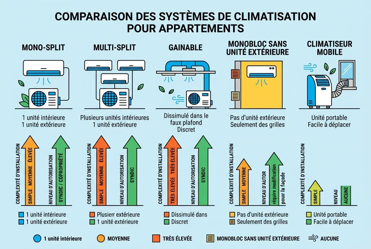 Comparaison des systèmes de climatisation pour appartements, avec mono-split, multi-split, gainable, monobloc sans unité extérieure et climatiseur mobile.