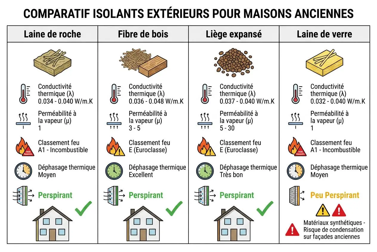 Comparatif isolants extérieurs pour maisons anciennes avec laine de roche, fibre de bois, liège expansé et laine de verre.