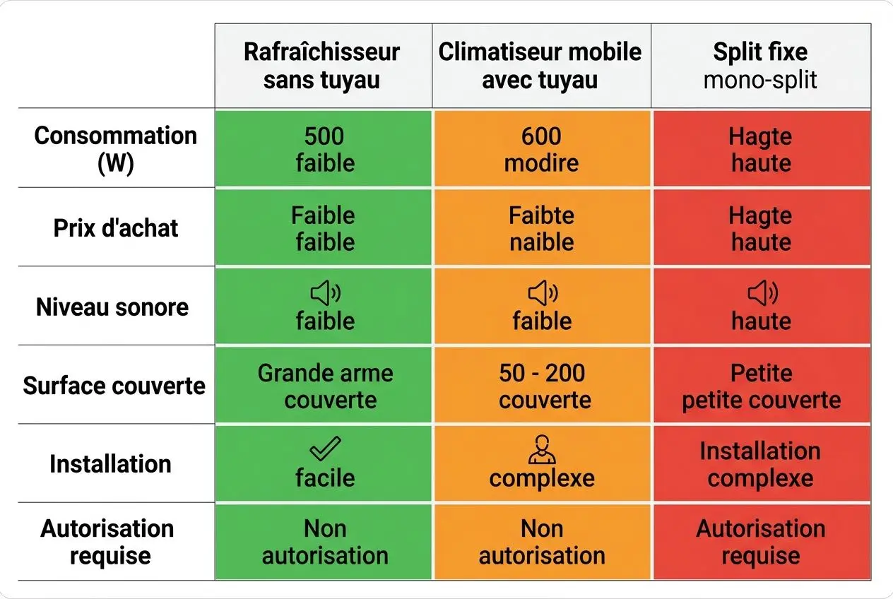 Comparatif visuel des climatiseurs: sans tuyau, avec tuyau et split, indiquant consommation, prix, niveau sonor, surface couvrante, installation et autorisation requise. Climatiseur mobile avec tuyau mis en évidence.