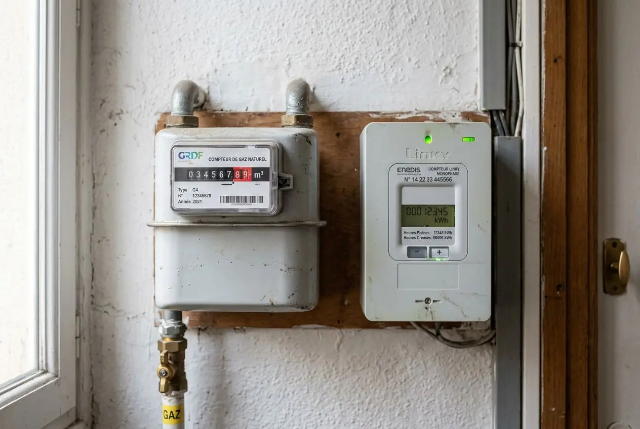 Compteur gaz et compteur électrique muraux près d’une porte, avec tuyauterie et câble visibles. Alt text intégré: "Compteurs gaz et électricité muraux côte à côte, près d’une porte intérieure, avec tuyauterie et câblage visibles."