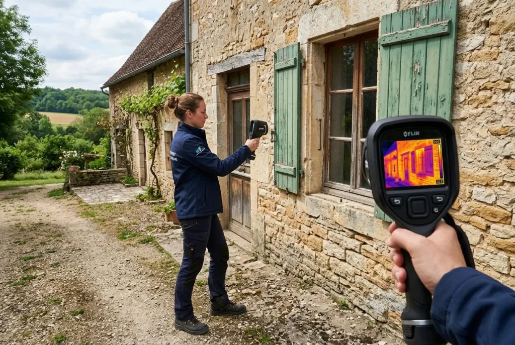 Deux personnes inspectent l’extérieur d’une ancienne maison en pierre: une personne utilisant un thermomètre infrarouge et une autre prenant des mesures près d’une porte et fenêtres à volets verts.