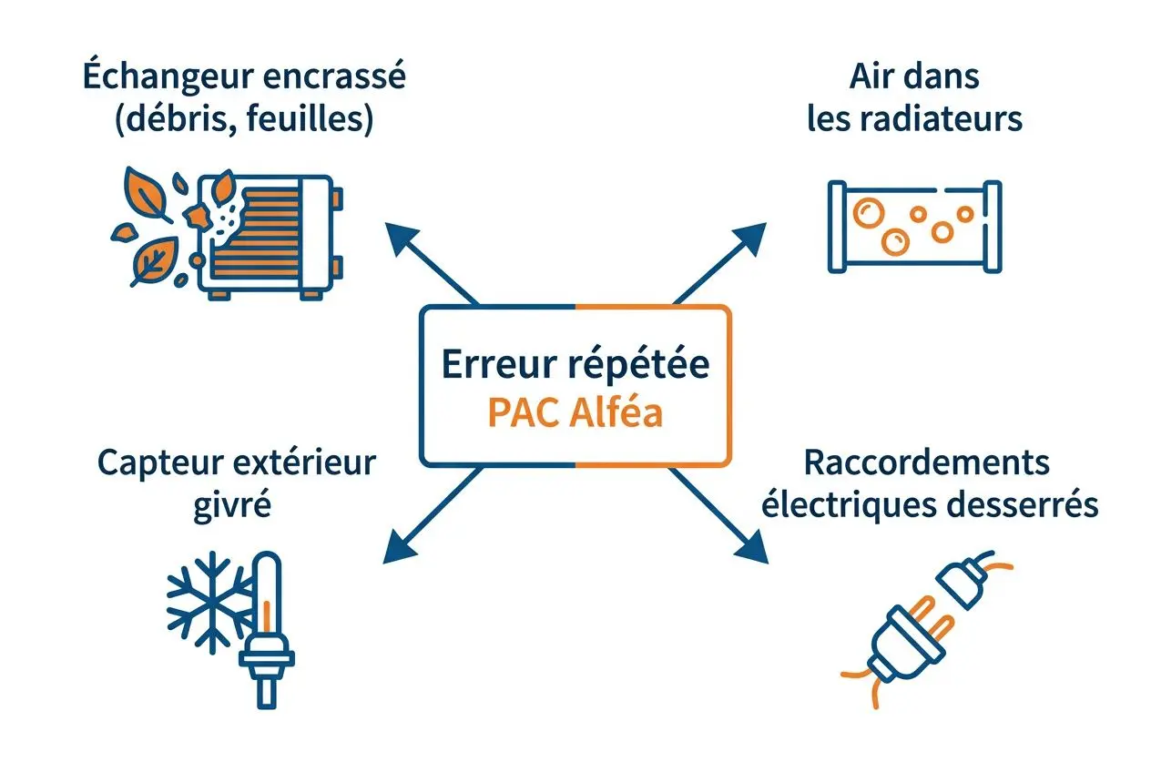 Erreur répétée PAC Alféa: schéma montrant les sources possibles (débris, radiateurs, capteur extérieur givré, raccordements électriques, air dans les radiateurs).