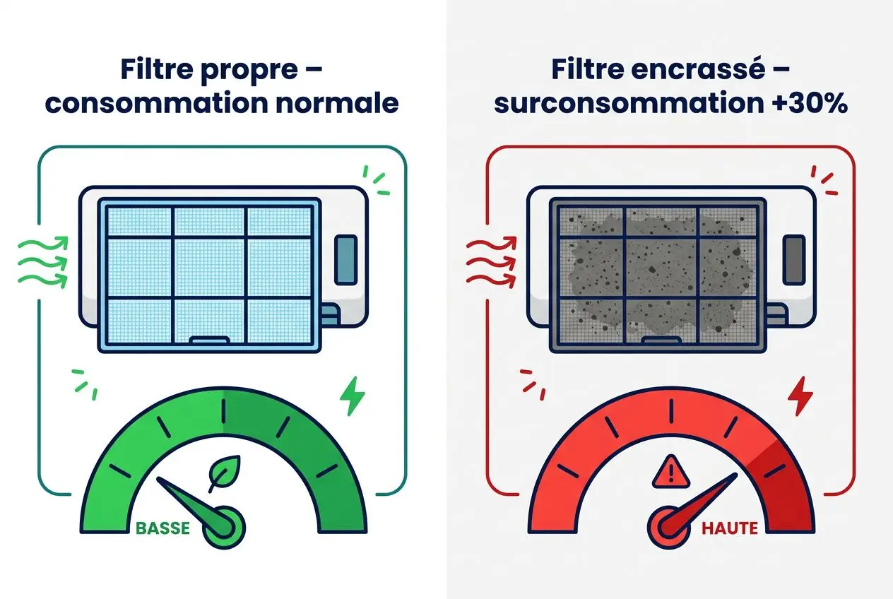 Filtre propre : consommation normale sur une climatisation, livraison montre niveau bas; étiquette “entretien climatisation professionnel” suggestion d’un filtre encrassé et surconsommation +30% (image pédagogique)