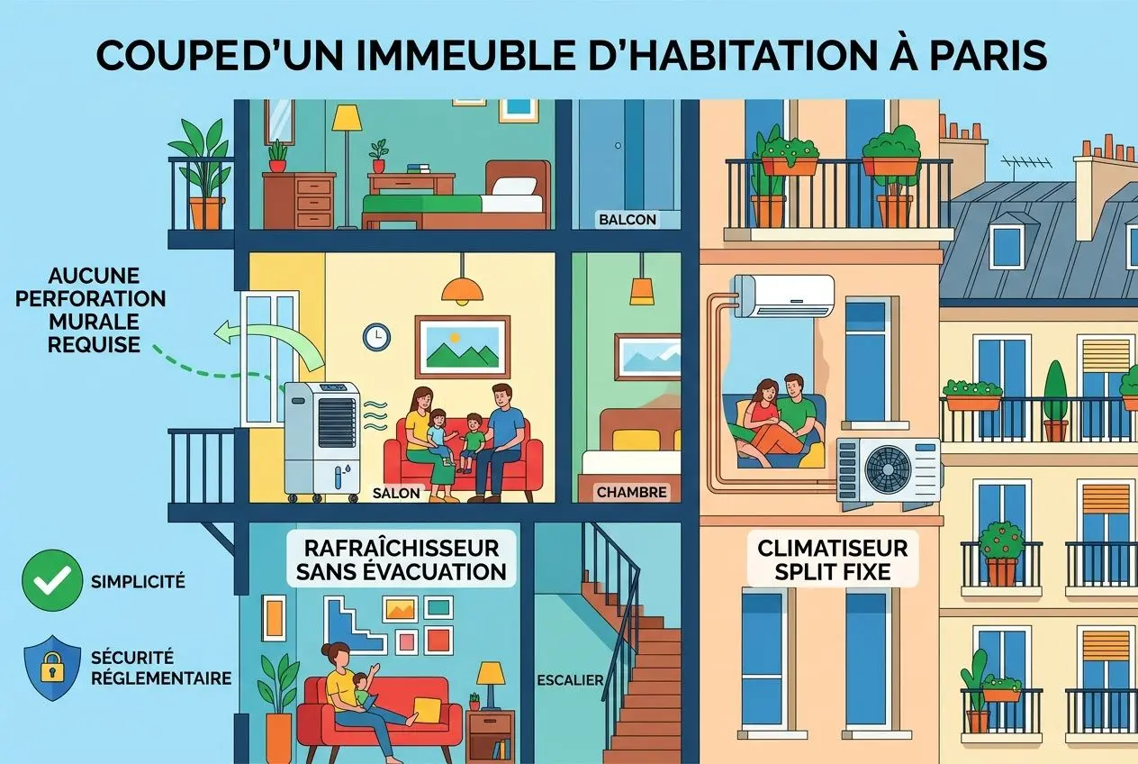 Illustration d’un immeuble parisien avec solutions sans évacuation: rafraîchisseur sans évacuation et climatisateur split fixe dans différents appartements.