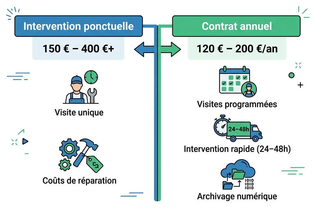 Intervention ponctuelle et Contrat annuel: icônes illustrant visites uniques et coûts de réparation d’un côté; visites programmées, intervention rapide 24–48h et archivage numérique de l’autre.