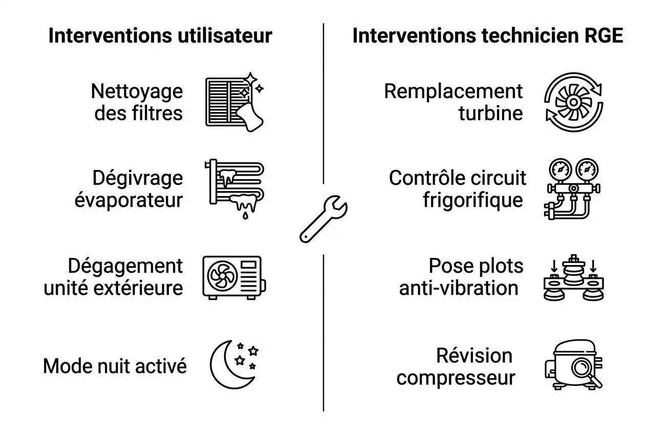 Interventions utilisateur et technicien RGE pour climatisation bruyante, netoyage filtres, dégivrage, purge ext., contrôle circuit et pose anti-vibration.