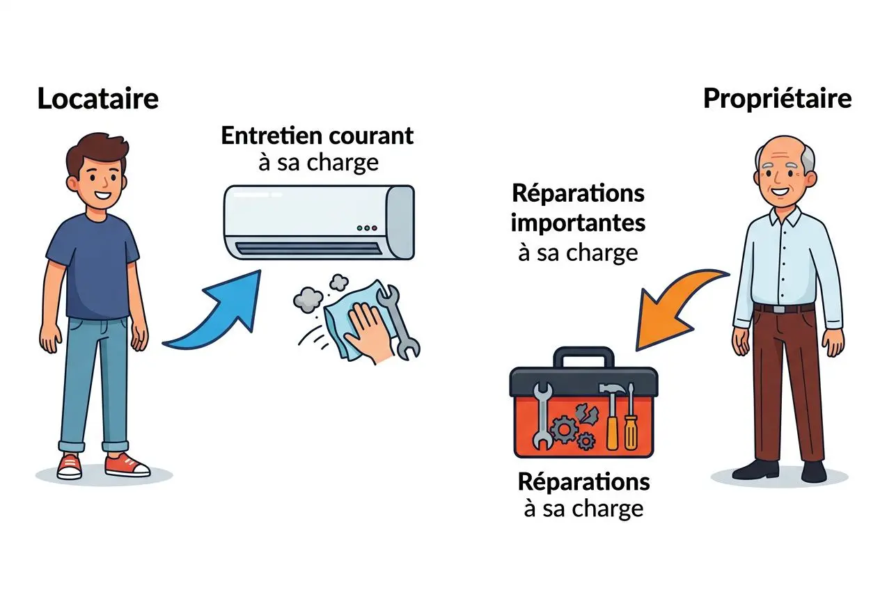 Locataire et propriétaire autour d’un entretien courant d’une pompe à chaleur, avec outil et réparations à sa charge. Pompe à chaleur mural en vue.