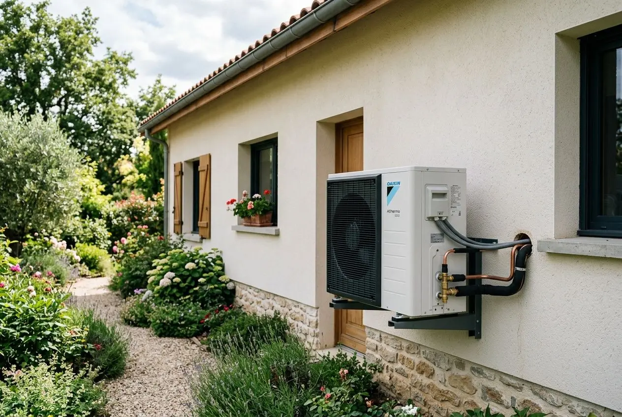 PAC air-eau extérieure installée sur le mur d’une maison, liste de conduites et tuyaux visibles, jardin et façade lumineuse. consommation pompe à chaleur par jour intégrée dans le contexte.