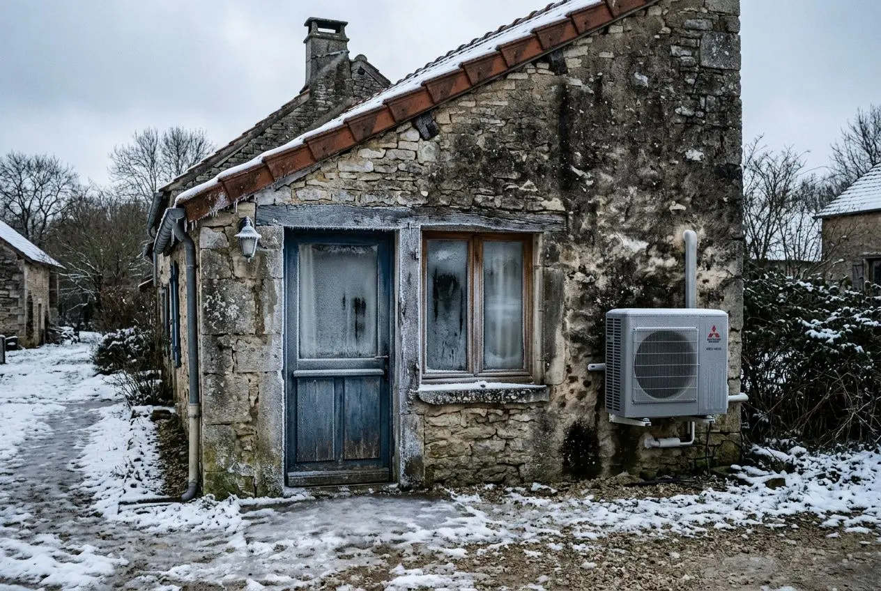 Petite maison en pierre mal isolée avec pompe à chaleur murale extérieure placée près du côté droit, neige au sol et toit en tuiles.