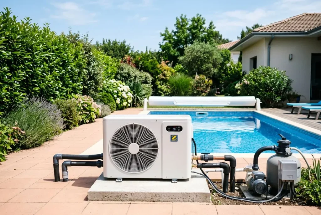 Pompe à chaleur pour piscine installée en extérieur, unité principale près de la piscine et tuyauterie reliant le système de filtration et la pompe.