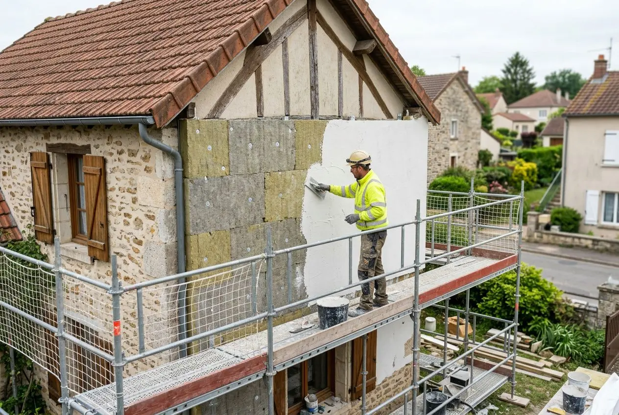 Pourquoi isoler sa maison par l'extérieur : ouvrier sur échafaudage posant des courants isolants sur le mur extérieur.