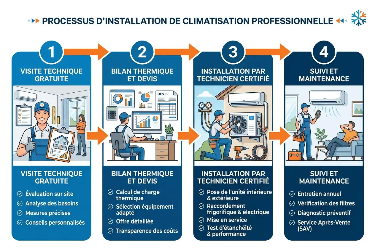 Processus d’installation de climatisation professionnelle en copropriété: étape 1 visite technique gratuite, étape 2 bilan thermique et devis, étape 3 installation par technicien certifié, étape 4 suivi et maintenance. Inclut autorisations et AG.
