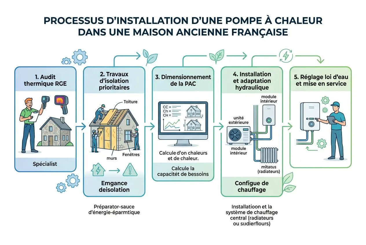 Processus d’installation d’une pompe à chaleur dans une maison ancienne française, étape par étape, avec audit, isolation, dimensionnement, installation et réglage.