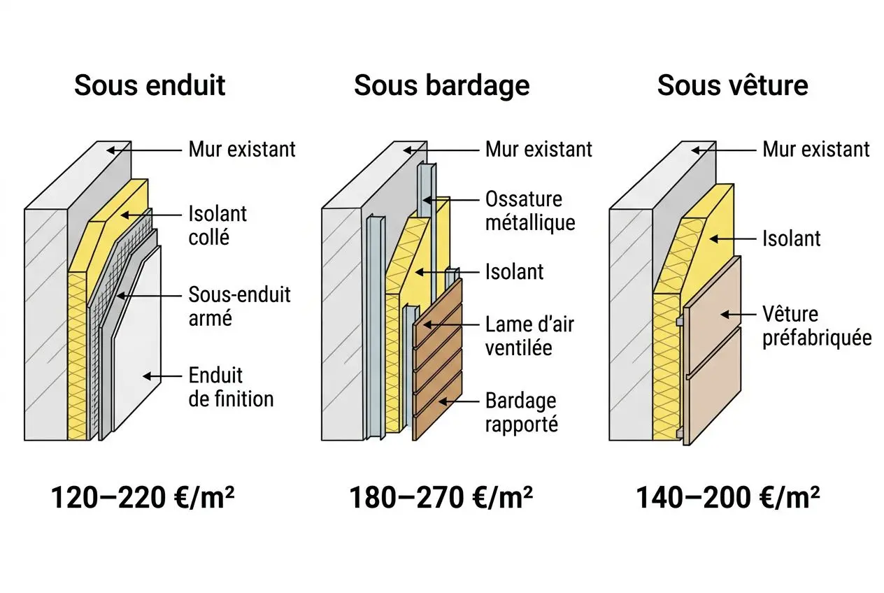 Schéma comparatif des systèmes d’isolation murale: sous enduit, sous bardage et sous vêture avec coûts estimés par m².