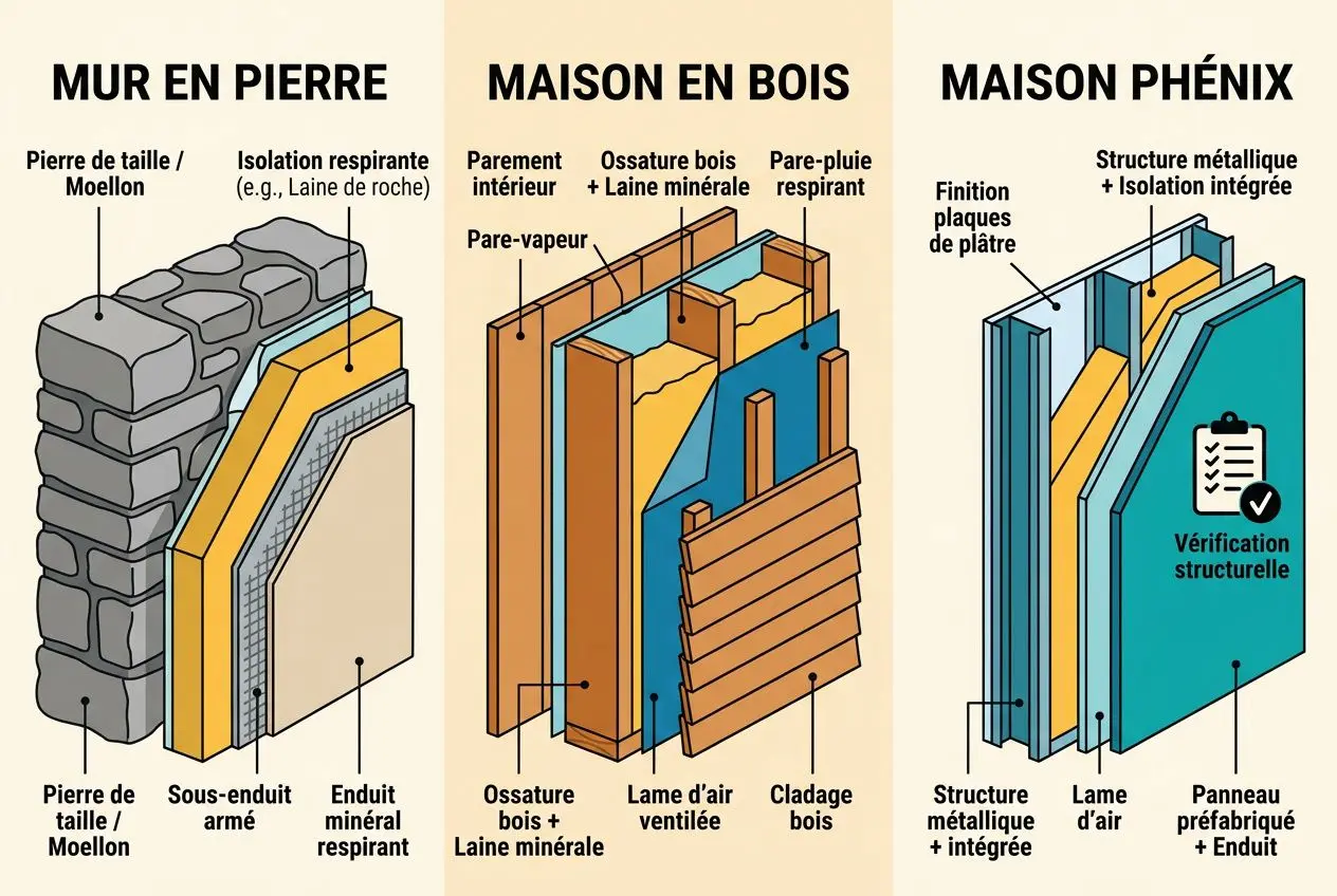 Schéma d’architecture montrant les murs en pierre, bois et structure métallique, avec les couches d’isolation et d’enduit, selon les techniques comme "comment isoler une vieille maison par l'extérieur".