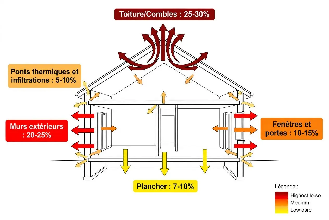 Schéma d’isolation et flux thermiques d’une maison: pertes par toit, murs, fenêtres, plancher et infiltrations; estimation des pourcentages de déperdition par zone.