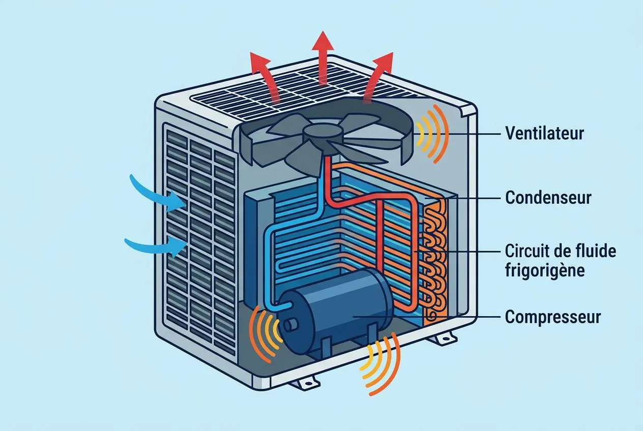 Schéma d’une climatisation montrant les composants (ventilateur, condenseur, circuit de fluide frigorigène, compressor) et les flèches indiquant les flux d’air et les vibrations potentielles. climatisation fait du bruit côté élément vibratoire et extérieur.