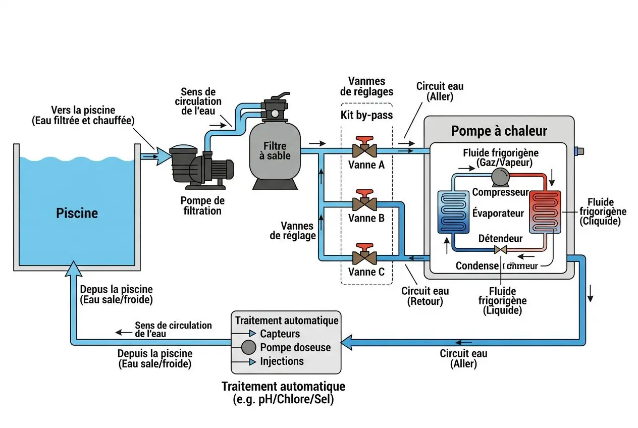 Schéma explicatif d’une pompe à chaleur pour piscine montrant le prélèvement d’air chaud, le cycle de réfrigérant et le transfert de chaleur vers l’eau de la piscine via le circuit hydraulique. comment fonctionne une pompe à chaleur pour piscine.