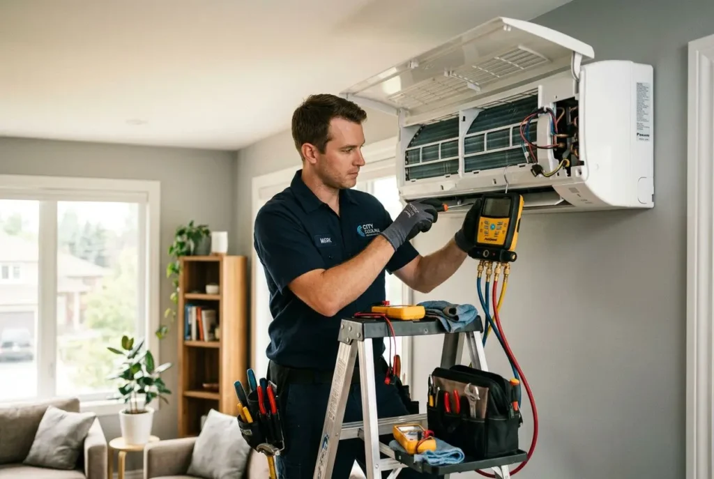 Technicien effectuant un entretien climatisation professionnel sur une unité murale, à l’aide d’un manomètre et d’outils sur une échelle dans un salon.