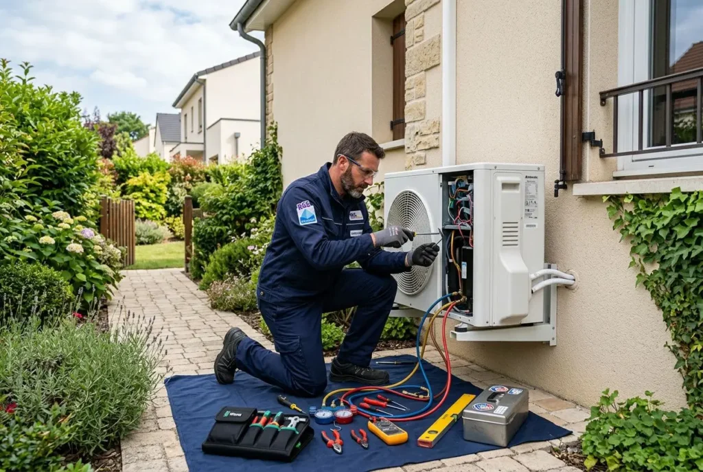 Technicien effectuant l’entretien d’une pompe à chaleur extérieur, avec outils de diagnostic et câbles, devant une maison. pompe à chaleur entretien maintenance obligatoire intégrée naturellement.