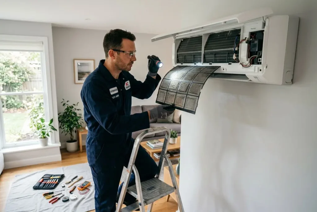 Technicien surélevé dans une maison, inspectant une climatisation murale avec lampe torche; unité intérieure ouverte et outils au sol. climatisation fait du bruit