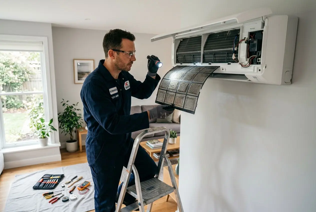 Technicien surélevé dans une maison, inspectant une climatisation murale avec lampe torche; unité intérieure ouverte et outils au sol. climatisation fait du bruit