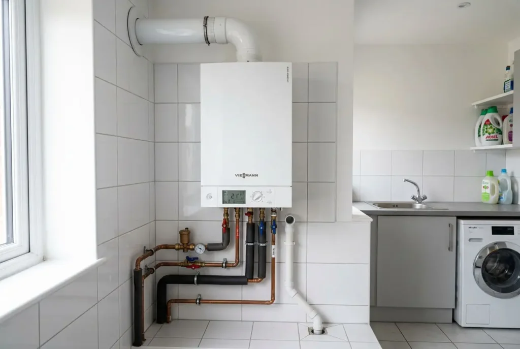 Chaudière à condensation murale installée dans une cuisine, avec tubes et raccords visibles, près d’un évier et d’un lave-linge. Chaudière gaz à condensation fonctionnement expliqué.