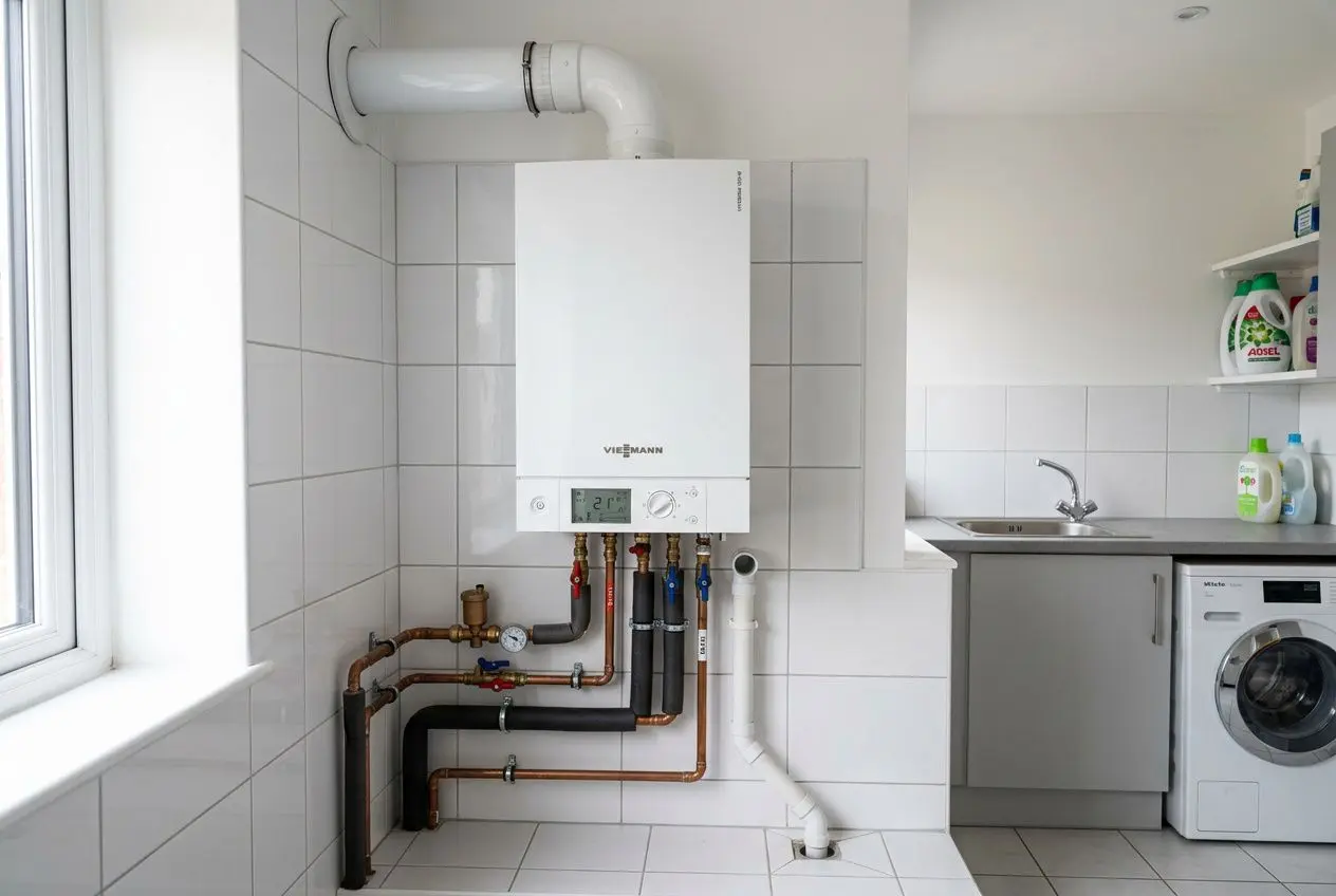 Chaudière à condensation murale installée dans une cuisine, avec tubes et raccords visibles, près d’un évier et d’un lave-linge. Chaudière gaz à condensation fonctionnement expliqué.