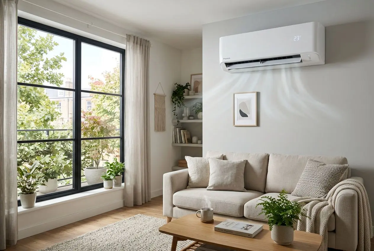 Climatisation murale dans un salon lumineux avec canapé, plantes et table basse; bruit souffle potentiel évoqué, idéal pour climatisation bruit souffle.