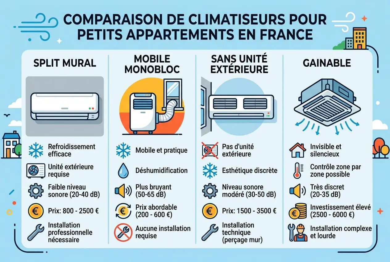 Comparaison de climatiseurs pour petits appartements en France: split mural, mobile monobloc, sans unité extérieure et gainable, avec icônes et usages.