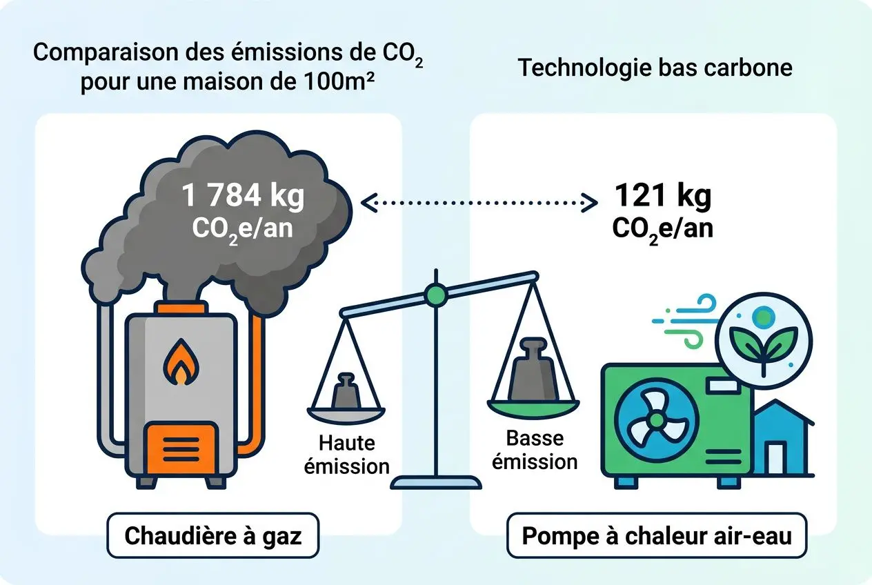 Comparaison des émissions CO2 et coûts: chaudière gaz vs pompe à chaleur air-eau, avec balance énergétique et illustration des performances.