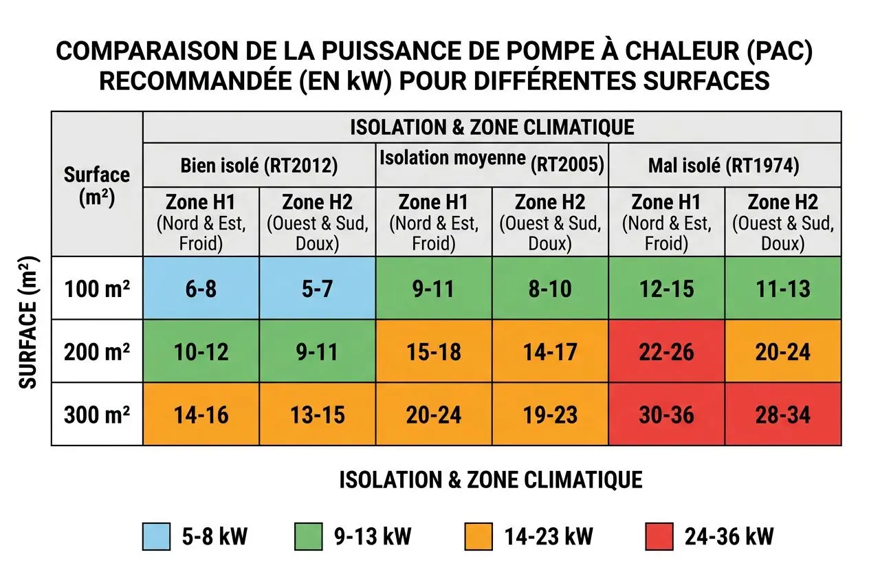 Comparaison de puissance PAC recommandée pour surfaces 100–300 m² selon isolation et zone climatique, avec codes couleur 5–8, 9–13, 14–23 et 24–36 kW pour chaque combinaison. Puissance idéale pour 100 m²: 6–8 kW (bien isolé) à 12–15 kW (mal isolé) selon zone et référence. Puissance pompe à chaleur pour 100m2 intégrée naturellement.
