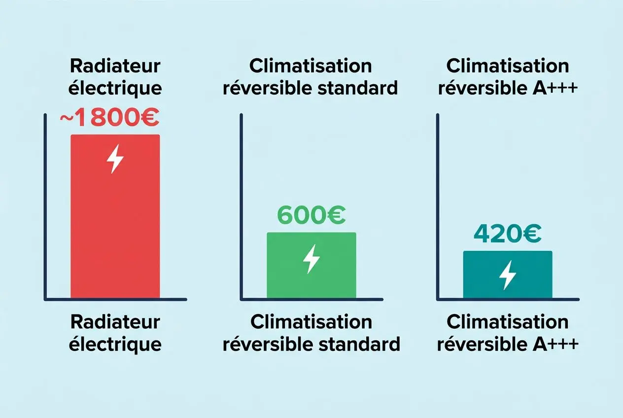 Consommation climatisation maison 100m2: graphique comparant coûts moyens, radiateur électrique ~1800€, climatisation réversible standard 600€, climatisation réversible A+++ 420€.