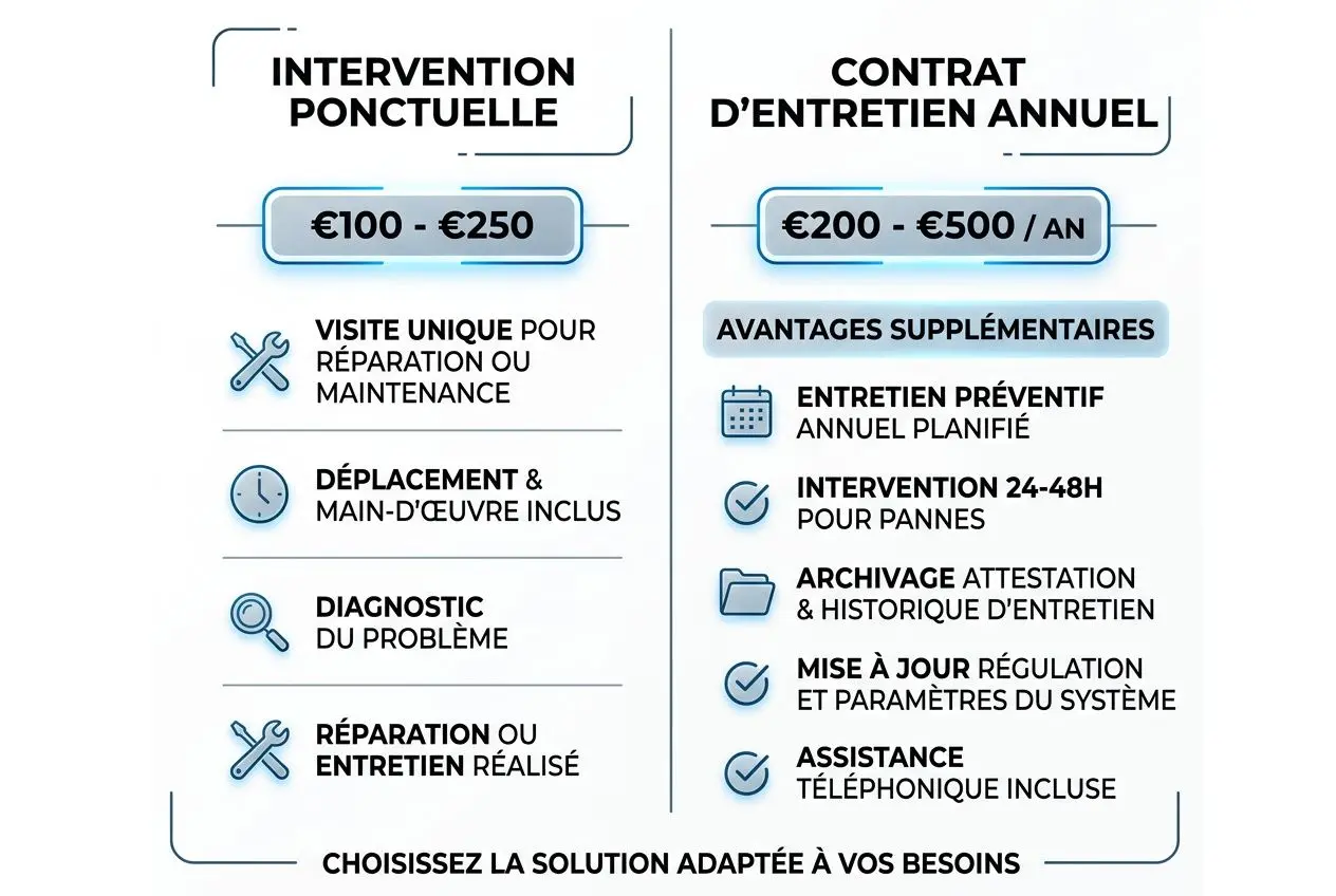 Diagramme comparant intervention ponctuelle et contrat d’entretien annuel pour pompe à chaleur air-eau, avec coûts et services inclus.