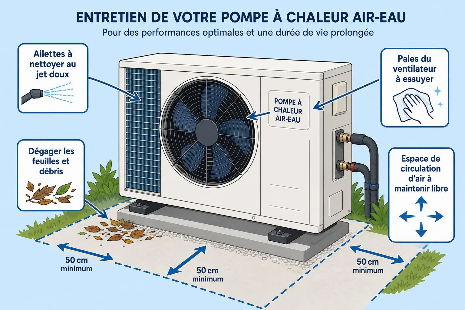Entretien pompe à chaleur air/eau: fléchettes indiquent nettoyage du filtre et dégagement de feuilles, avec 50 cm de marge autour, pictogrammes conseils et zones de travail.