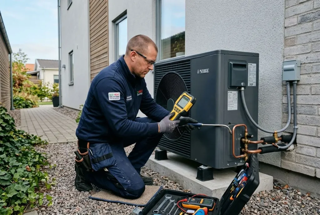Homme professionnel vérifiant une pompe à chaleur air-eau extérieure avec un multimètre et outils, près du mur de la maison. Entretenir pompe à chaleur air-eau.