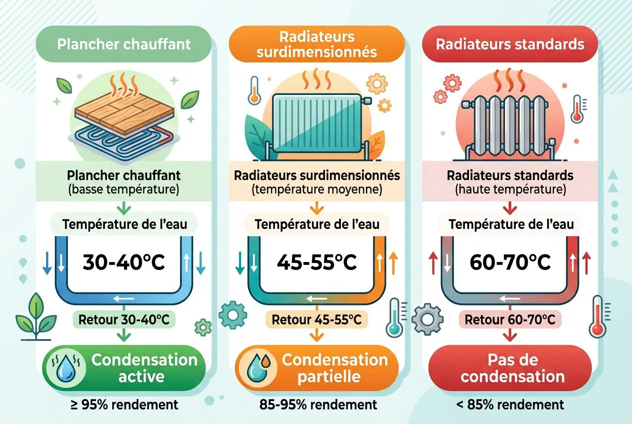 Infographie sur les radiateurs et plancher chauffant montrant trois systèmes: plancher chauffant avec condensation active, radiateurs surdimensionnés avec condensation partielle et radiateurs standards sans condensation; chiffres de température et rendement indiqués. intégrant le mot-clé chaudière à condensation fonctionnement de manière fluide.