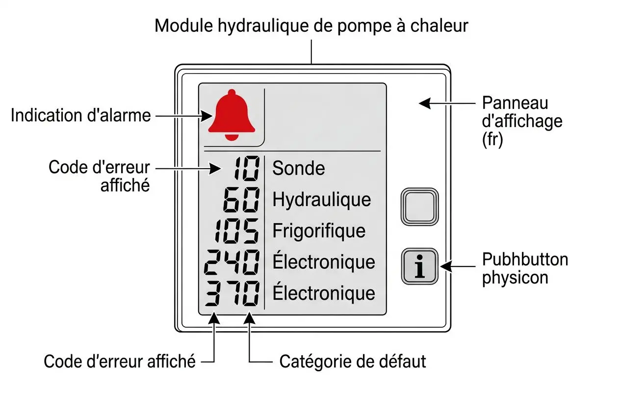 Module hydraulique de pompe à chaleur avec écran et codes d’erreur affichés (illustration technique)