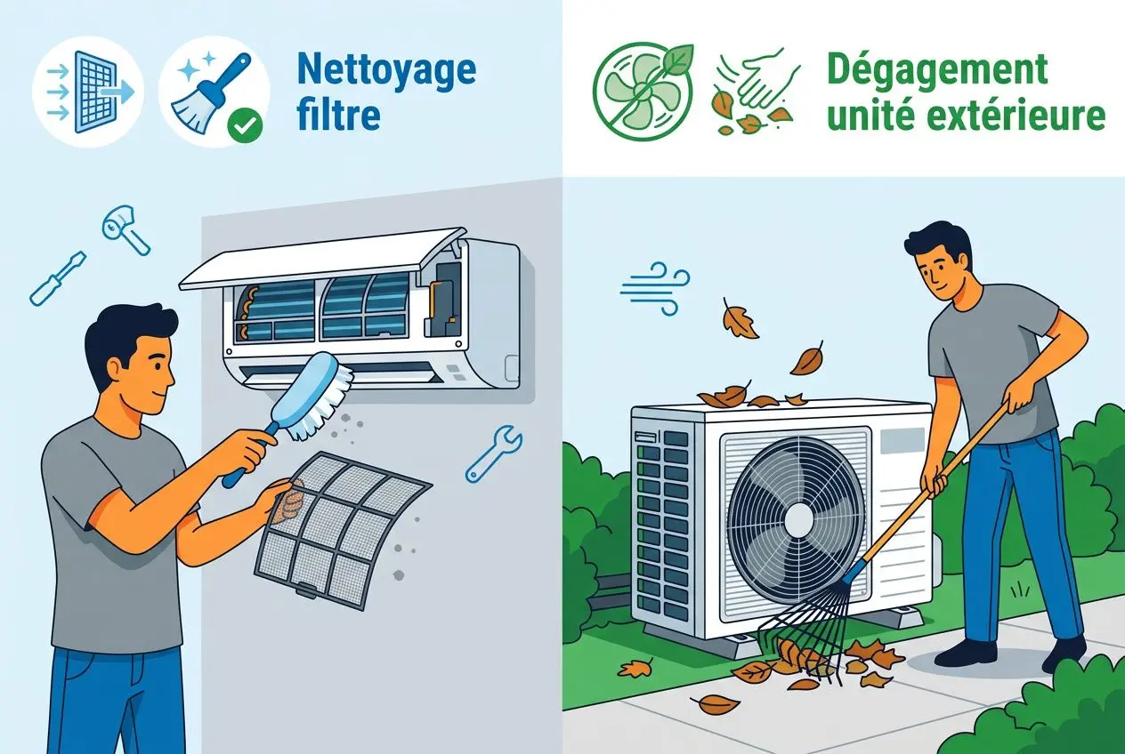 Nettoyage filtre et Dégagement extérieur : illustration d’un technicien nettoyant un filtre d’un split et balayage autour d’une pompe à chaleur air-eau. Comment entretenir pompe a chaleur air eau.