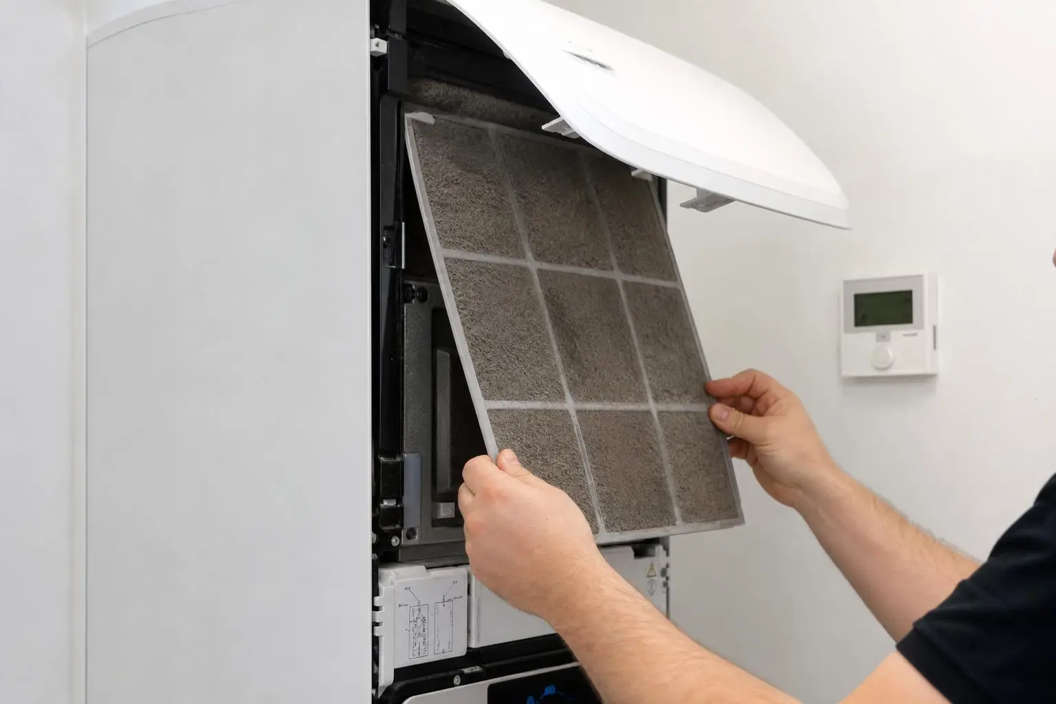 Personne retirant et remplaçant un filtre sale dans une pompe à chaleur air/eau, montage du filtre devant l’unité interne. intégré: nettoyer filtre pompe à chaleur air/eau.