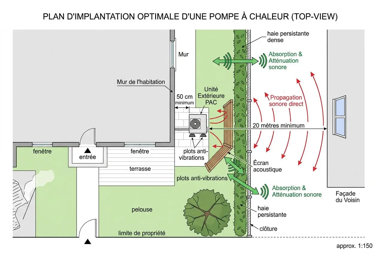 Plan d’implantation optimale d’une pompe à chaleur (vue de dessus) montrant séparation mur/extérieur, terrasse, jardin, et dispositifs d’absorption sonore avec écrans et plots anti-vibrations pour limiter le bruit de la pompe à chaleur. pompe à chaleur bruit trop élevé mentionné.