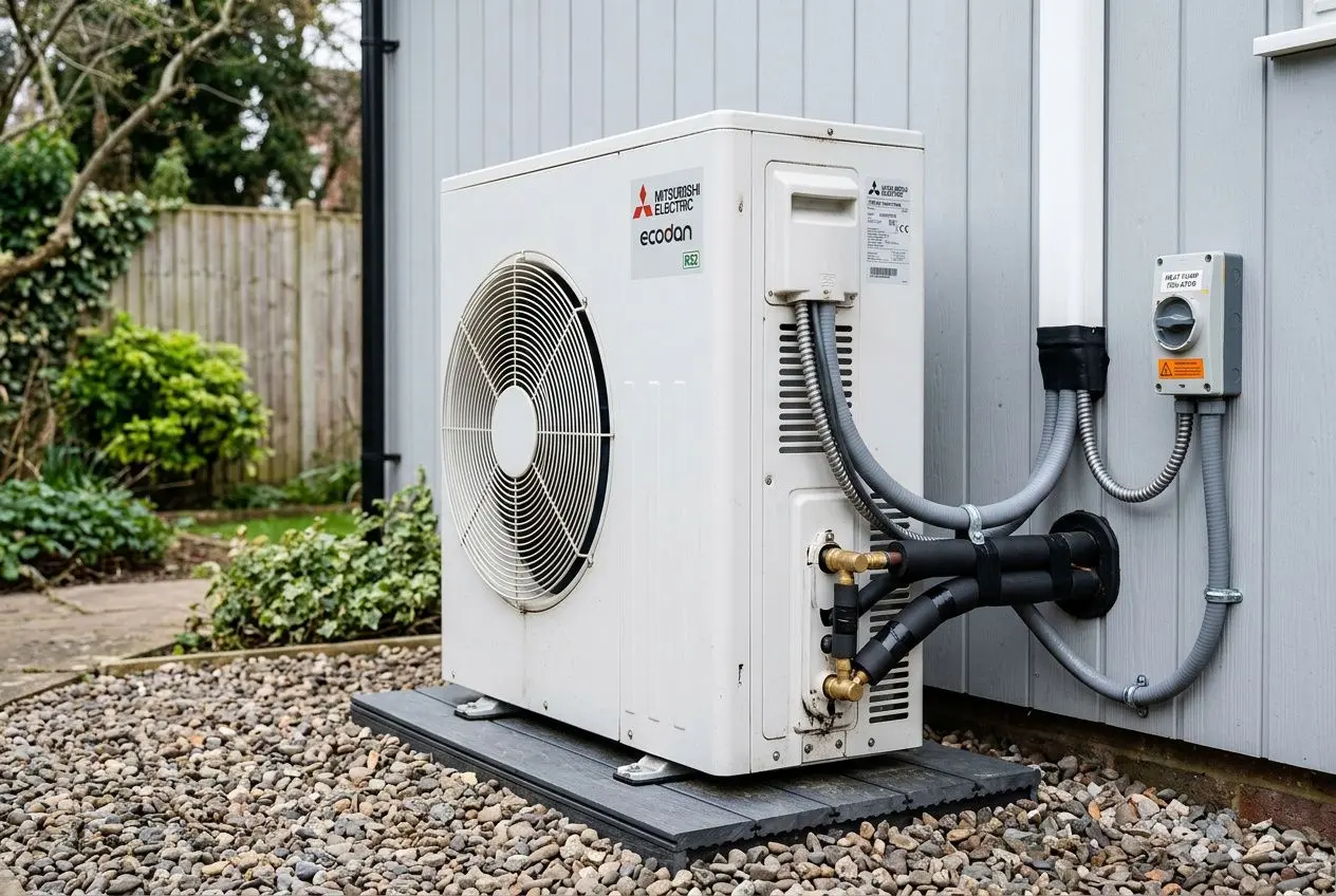 Pompe à chaleur extérieure Mitsubishi émettant des câbles et raccords sur un socle, près d’un mur, avec câbles électriques et boîte de disjoncteurs visibles. pompe a chaleur fait disjoncter le compteur périphérique.