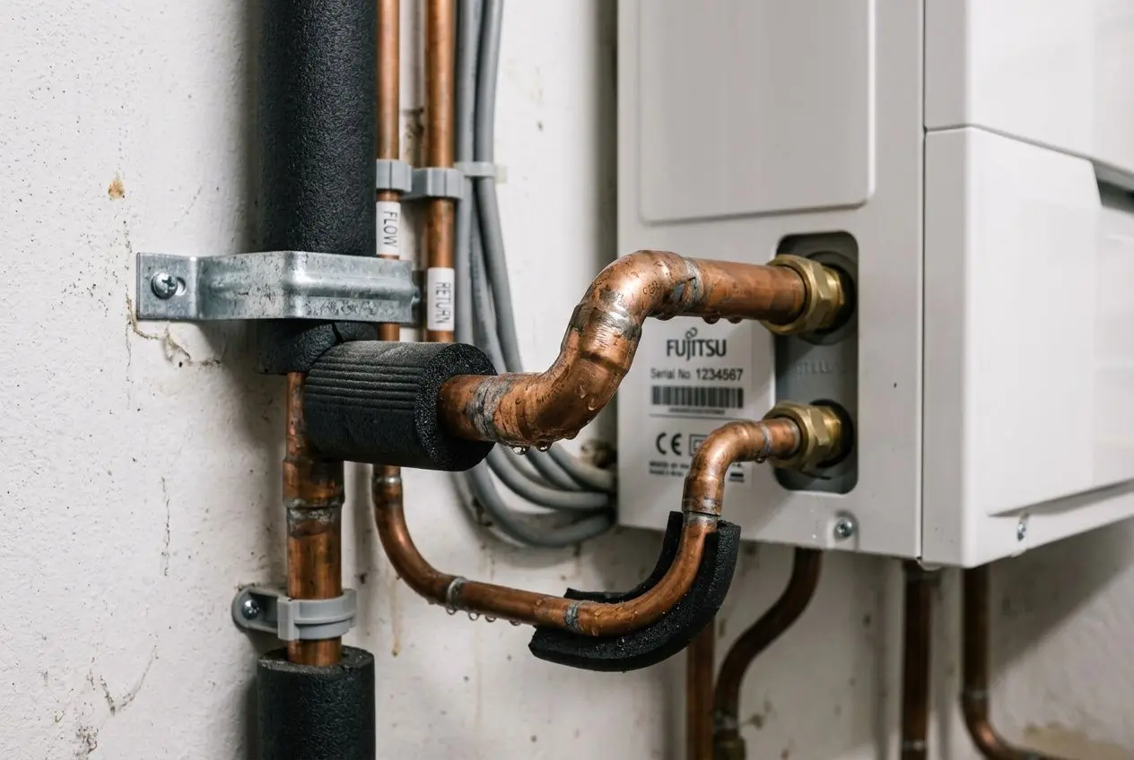 Pompe à chaleur avec des tuyaux en cuivre et raccords, montrant le système encastré avec isolation et fixations. pompe à chaleur bruit dans les tuyaux
