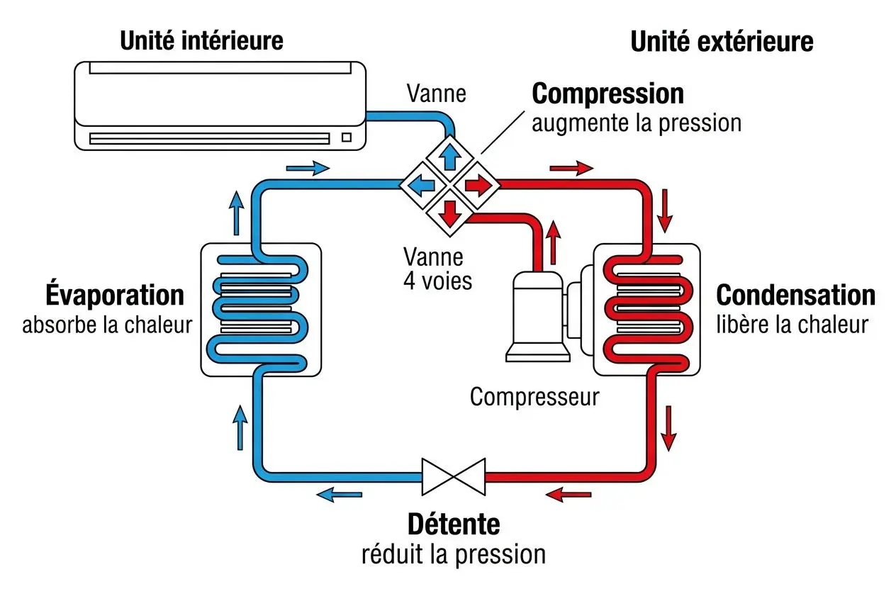 Schéma d’un système de climatisation: le fluide circule entre unité intérieure et extérieure avec évaporation, condensation, détente et compresseur, illustrant le transfert de chaleur. Comment choisir climatisation selon cette image.