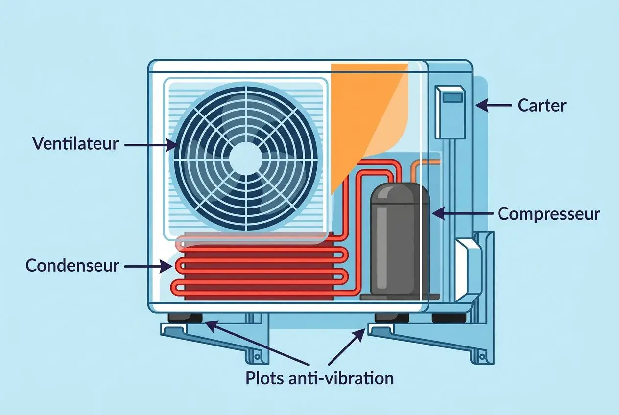 Schéma d’un système de climatisation avec ventilateur, compresseur et serpentins, montrant les plots anti-vibration sous l’unité.