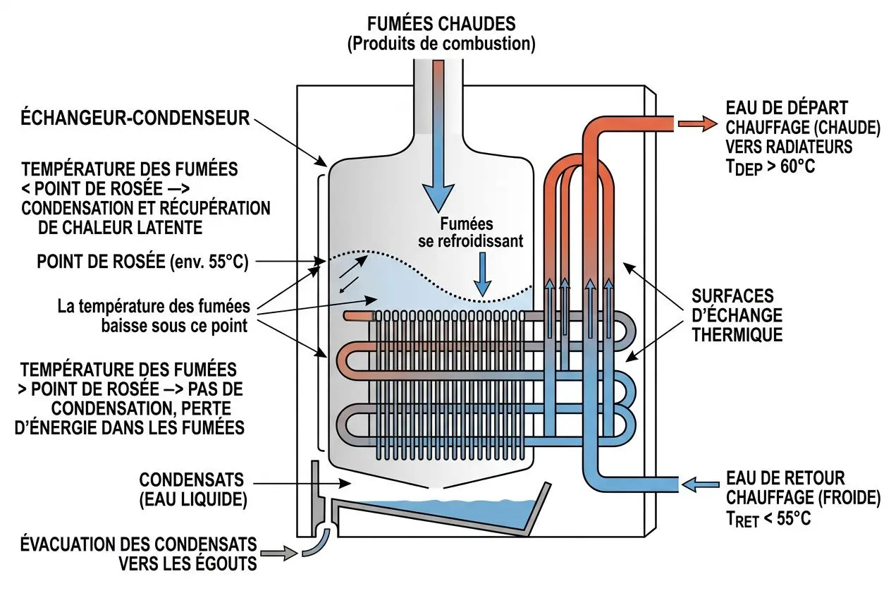Schéma d’une chaudière à condensation en fonctionnement, montrant la récupération de chaleur latente et le recyclage des condensats vers l’évacuation, avec flux de fumées, échangeur-condenseur et circuits d’eau chaude et retour chauffage. chaudière à condensation fonctionnement intégré.