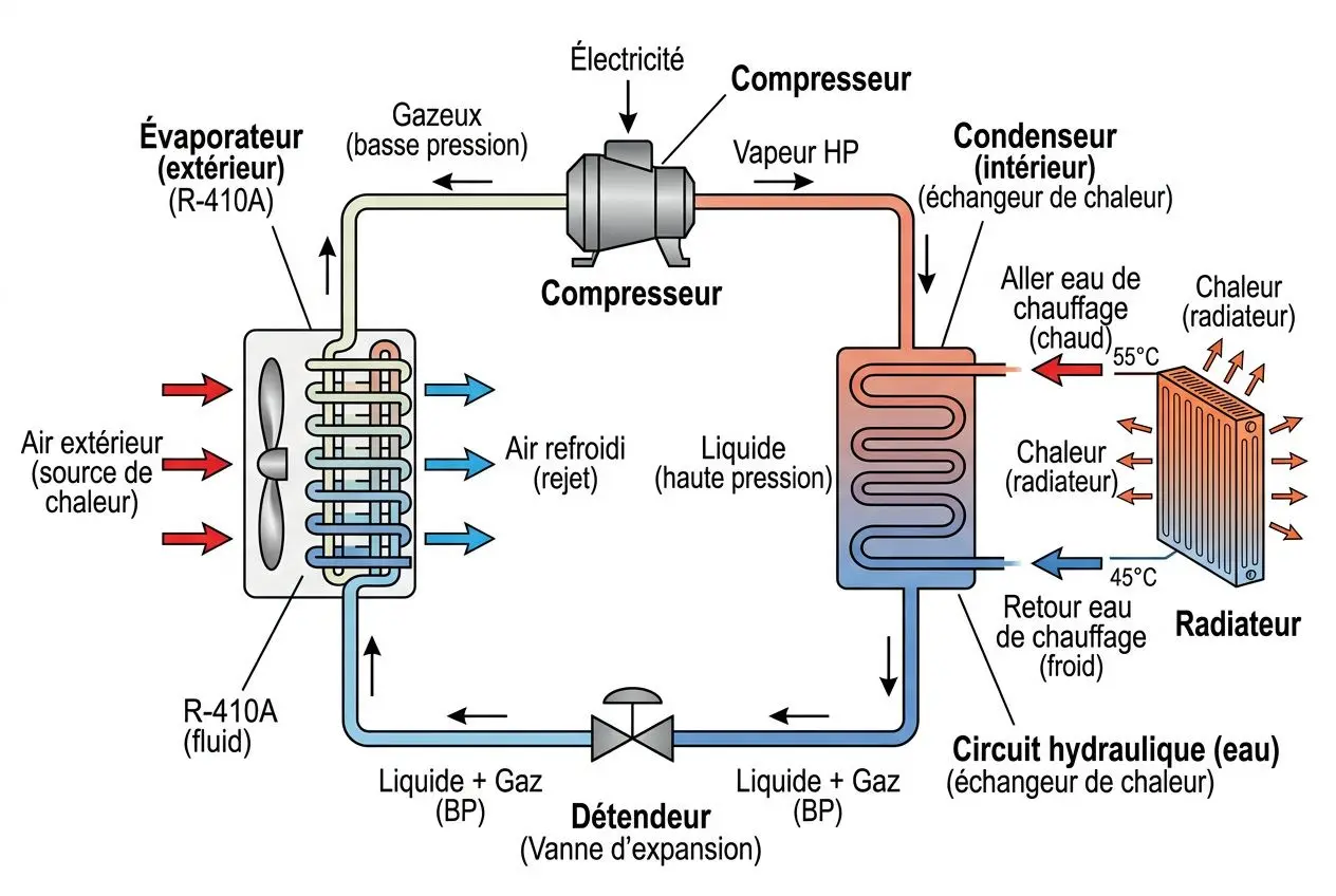 Schéma explicatif d’une pompe à chaleur: circulations des fluides, compresseur, évaporateur et radiateur, avec unité extérieure et intérieur.